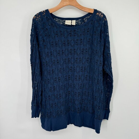 Chico's 3 Blue  Long Sleeve Pullover top shirt stretch knit lace Size XL - Picture 2 of 8